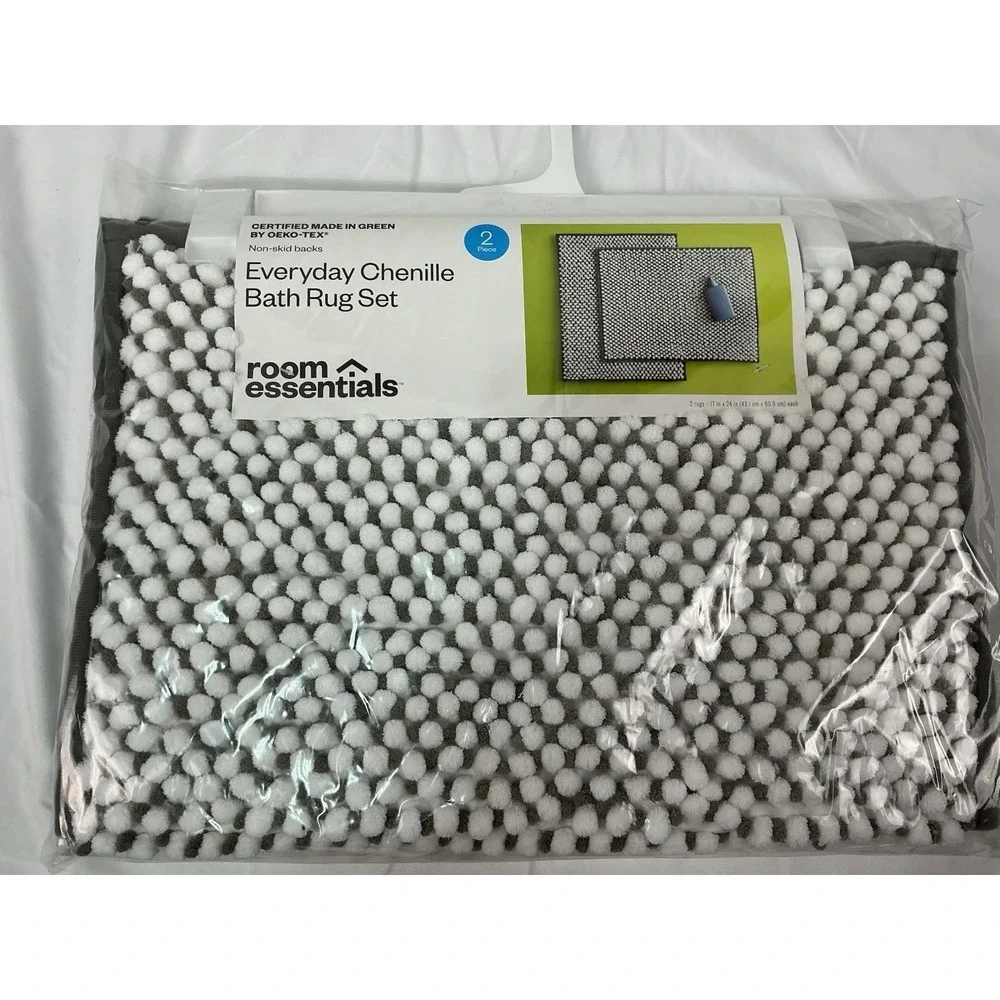 Room Essentials Everyday Chenille Bath Rug Set, Gray,‎ NWT